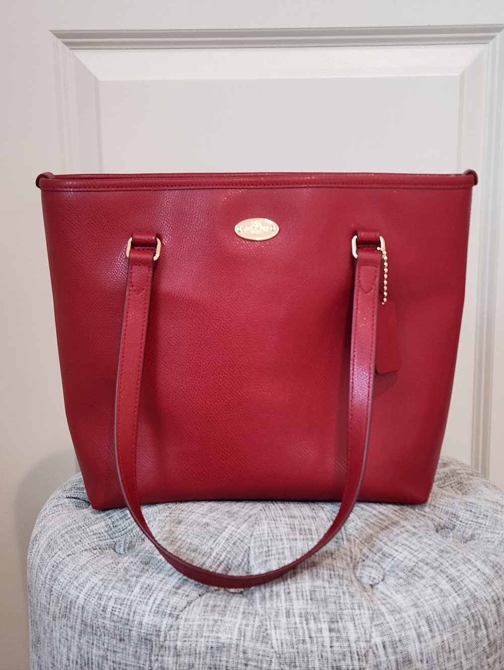 Coach Red Leather Tote Bag with Gold Accent